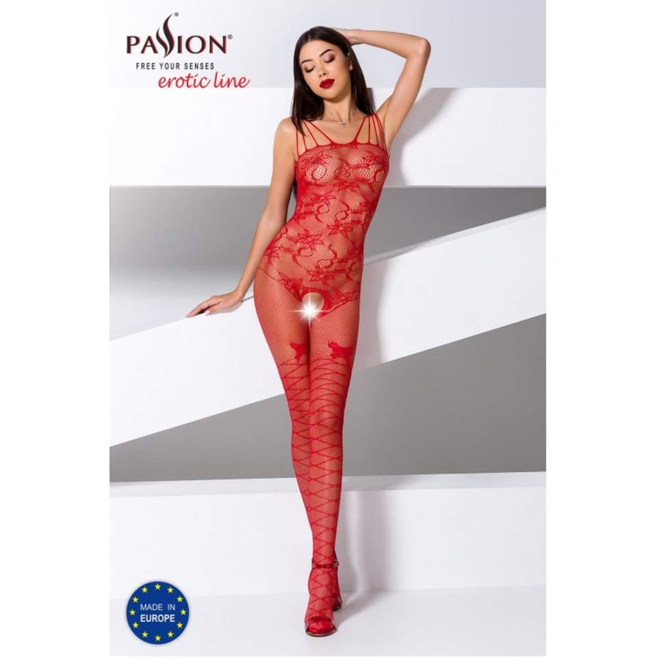 Siateczkowe, czerwone bodystocking z otwartym krokiem Passion BS076