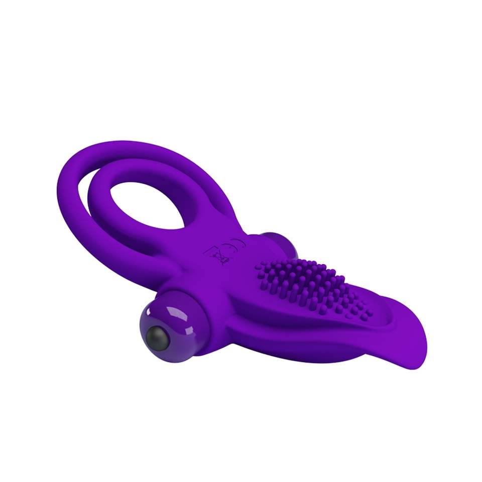 Fioletowy silikonowy pierścień z wibracją oraz wypustkami do stymulacji łechtaczki