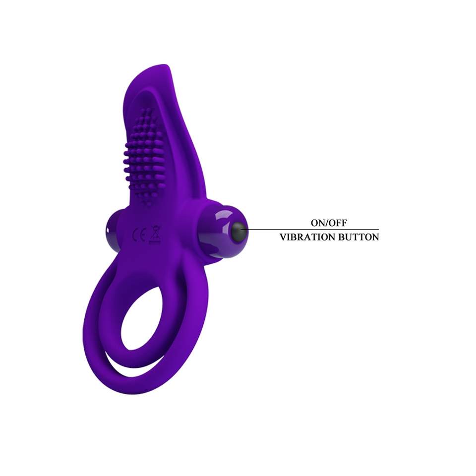 Fioletowy silikonowy pierścień z wibracją oraz wypustkami do stymulacji łechtaczki
