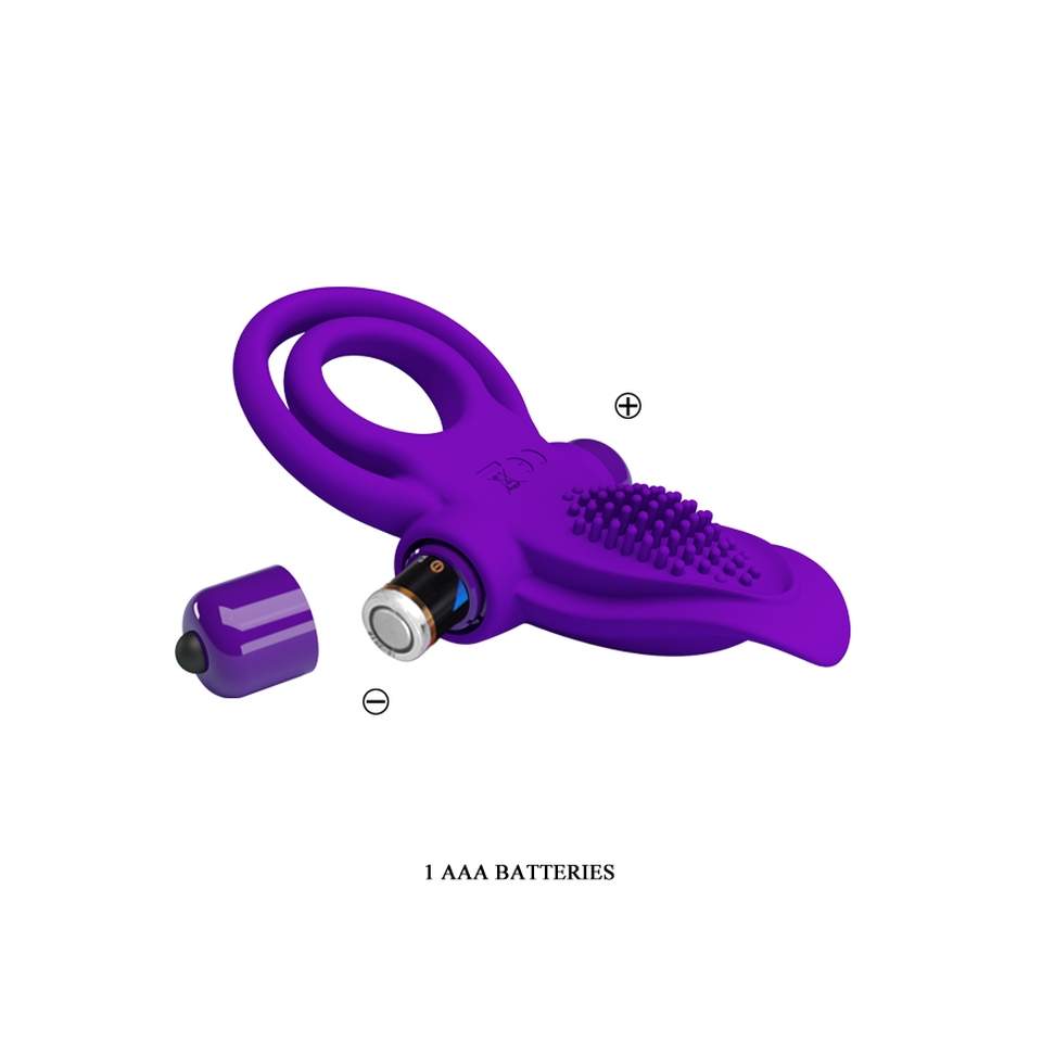 Fioletowy silikonowy pierścień z wibracją oraz wypustkami do stymulacji łechtaczki