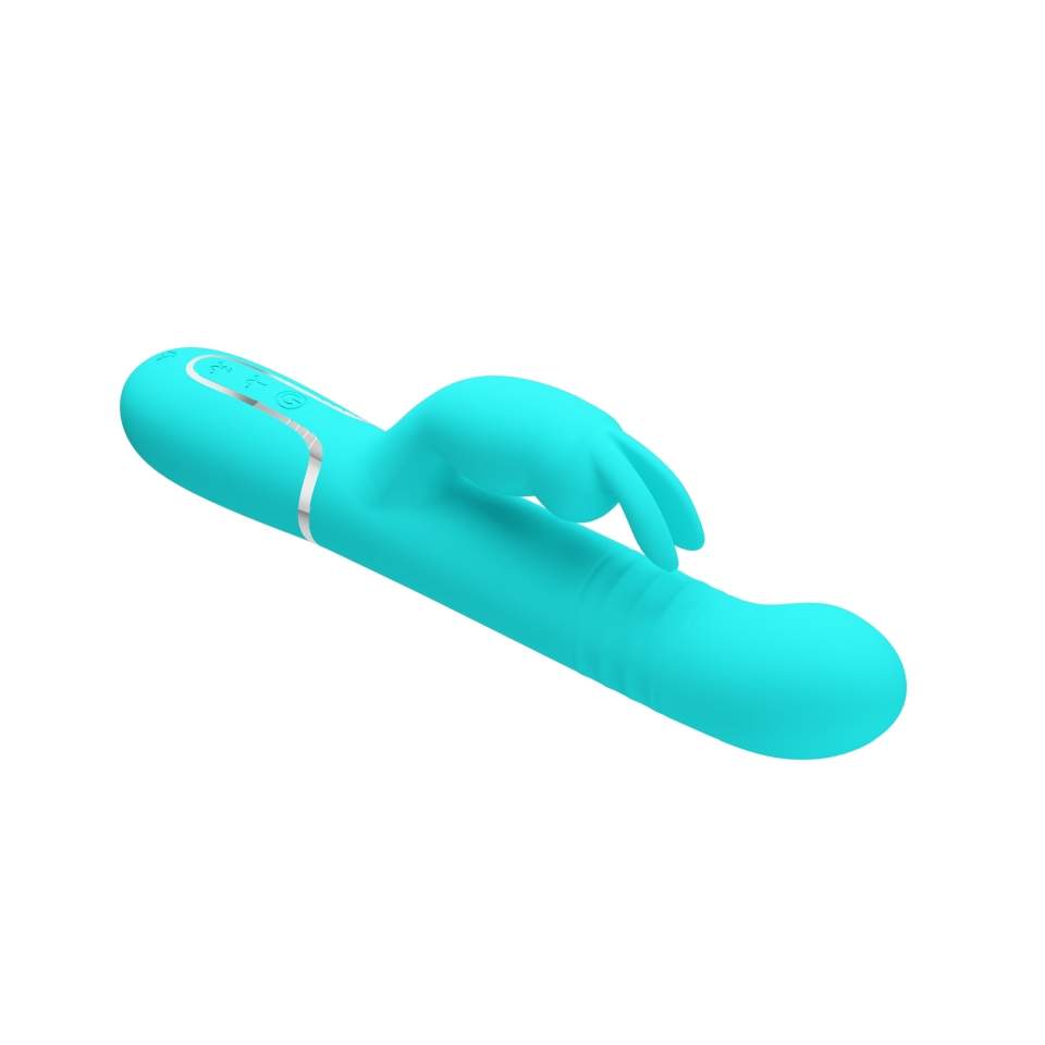 Wibrator króliczek z funkcją pchania, rotacji i wibracji w kolorze turkusowym