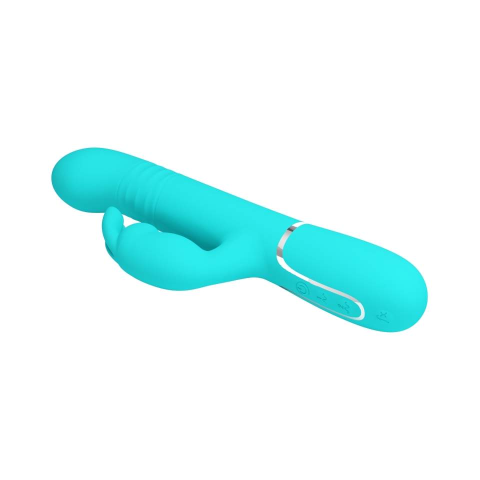 Wibrator króliczek z funkcją pchania, rotacji i wibracji w kolorze turkusowym