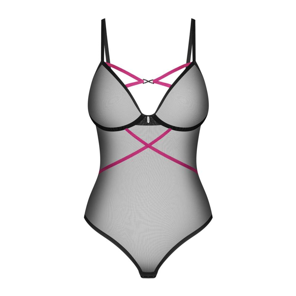 Czarne zmysłowe body z paseczkami z prześwitującej tkaniny Obsessive Novenes