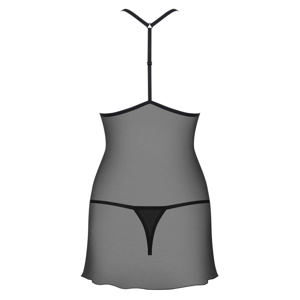 Czarna prześwitująca koszulka Obsessive 875-CHE-1 w zestawie ze stringami