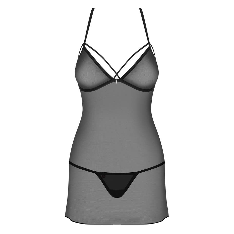 Czarna prześwitująca koszulka Obsessive 875-CHE-1 w zestawie ze stringami