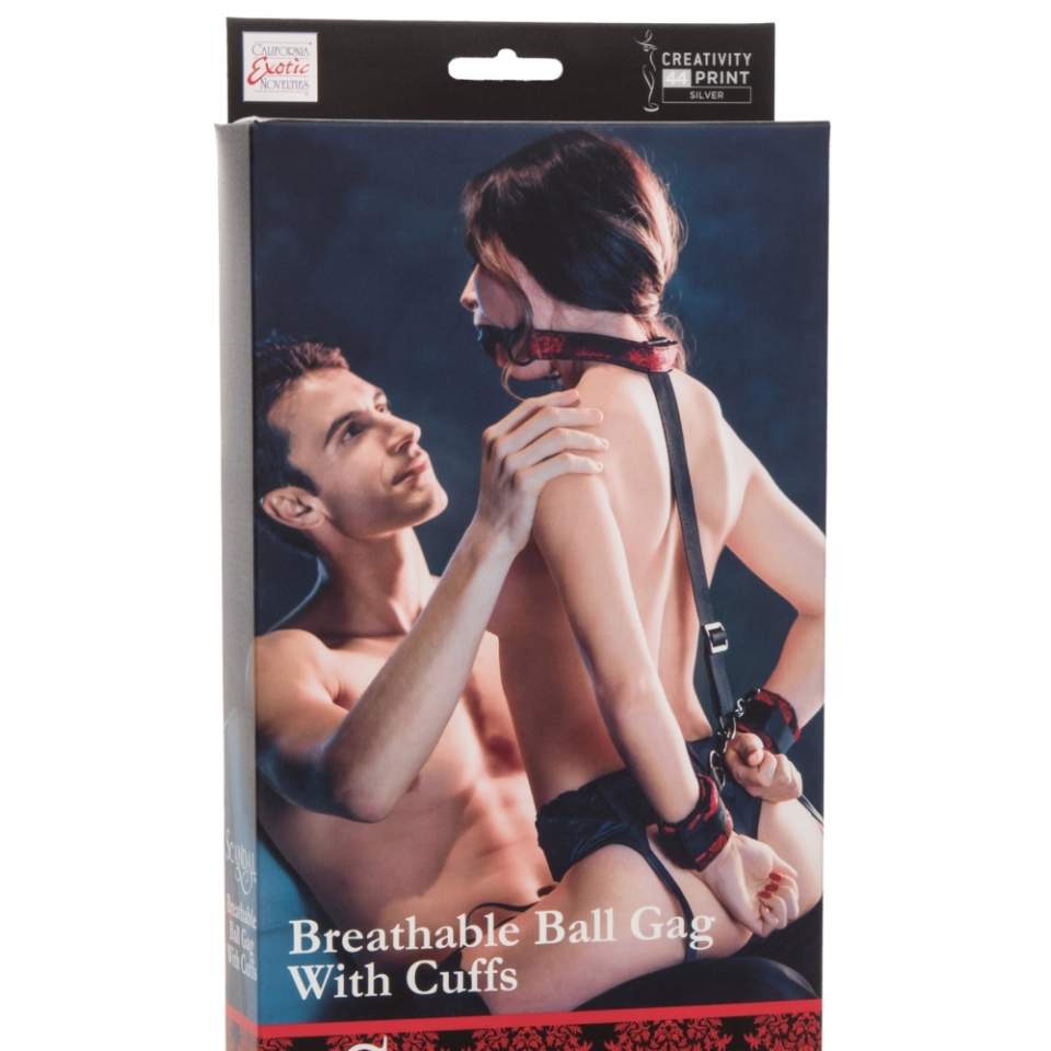 Elegancki czarno-czerwony zdobiony knebel z kajdankami