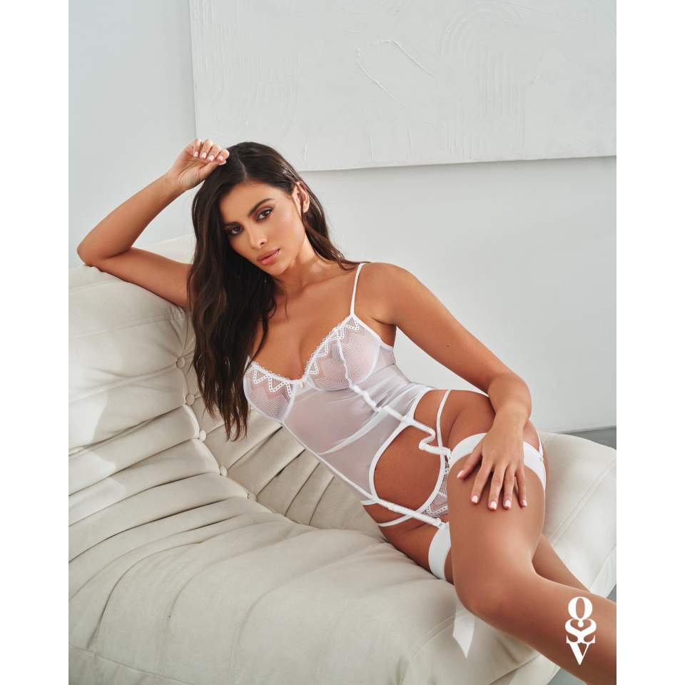 Biały zmysłowy gorset z przeźroczystej tkaniny + stringi marki Obsessive Alissium