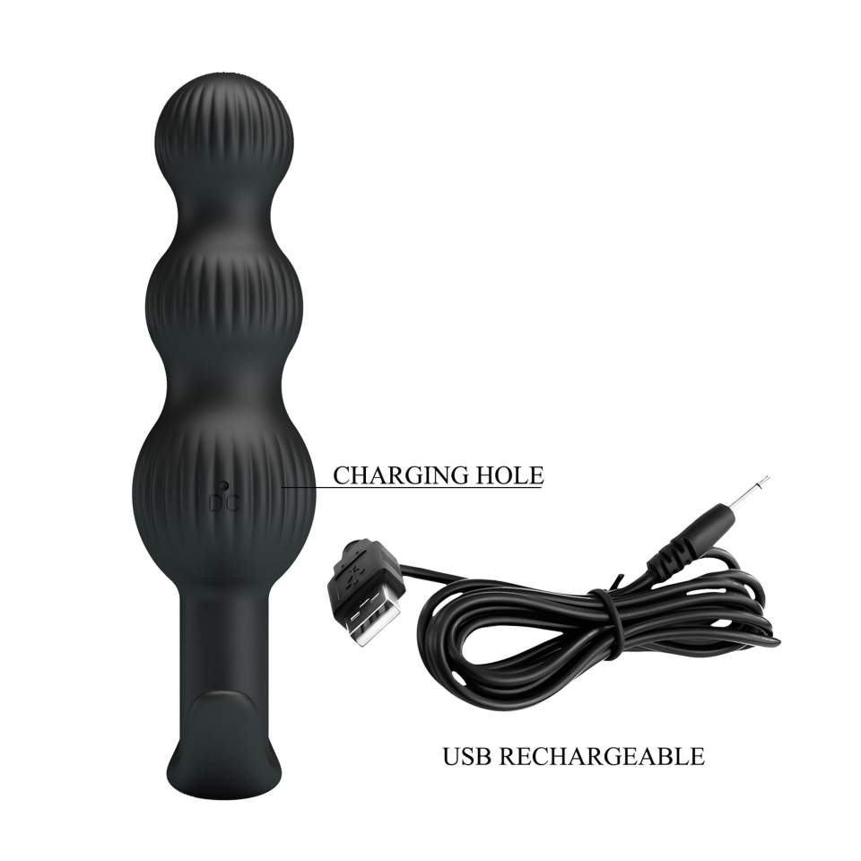 Wibrujący Korek Analny z koralikami wykonany z silikonu - 10 trybów wibracji - czarny