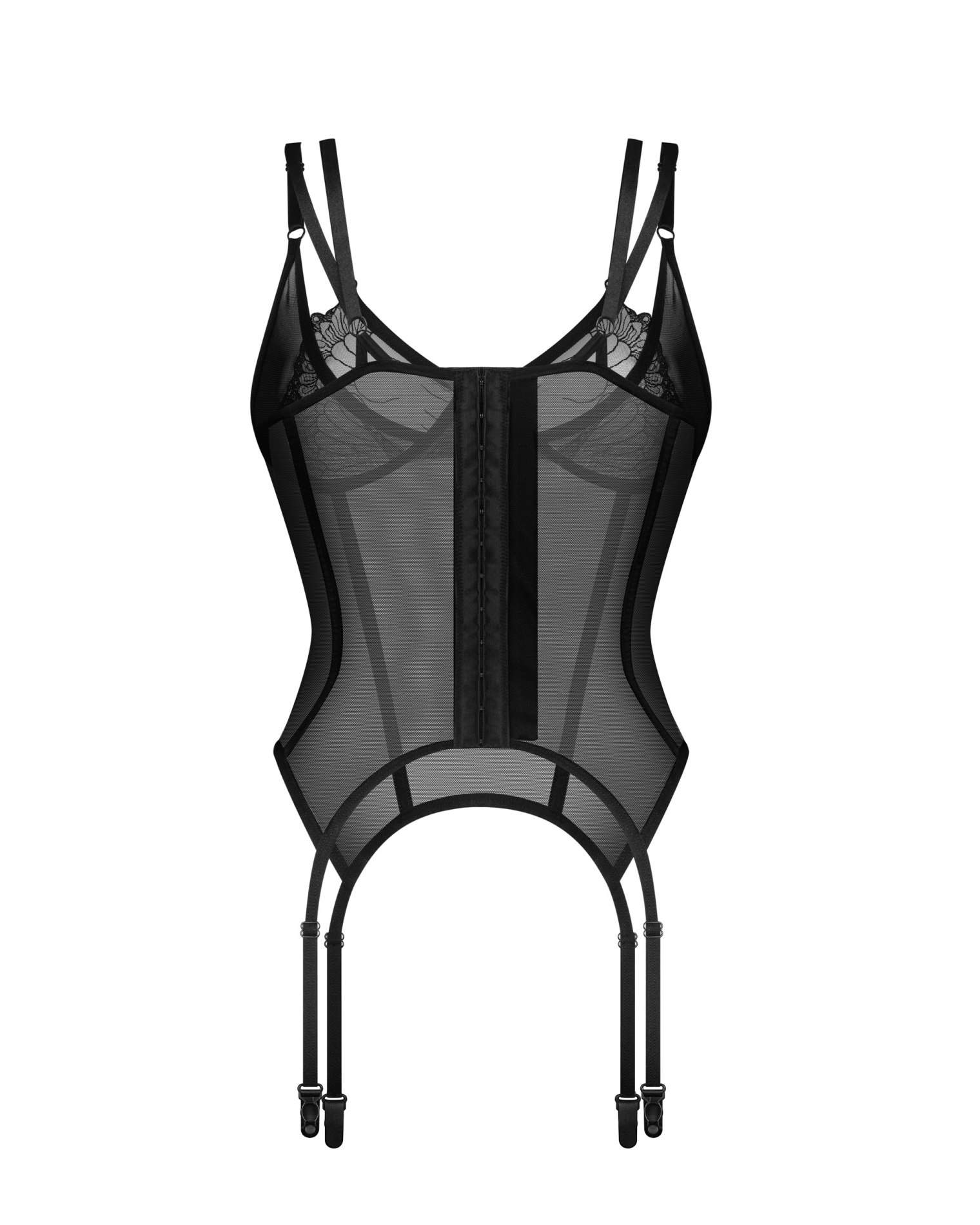 Niesamowicie kobiecy i seksowny gorset z transparentnej tkaniny Obsessive Arrowel Black