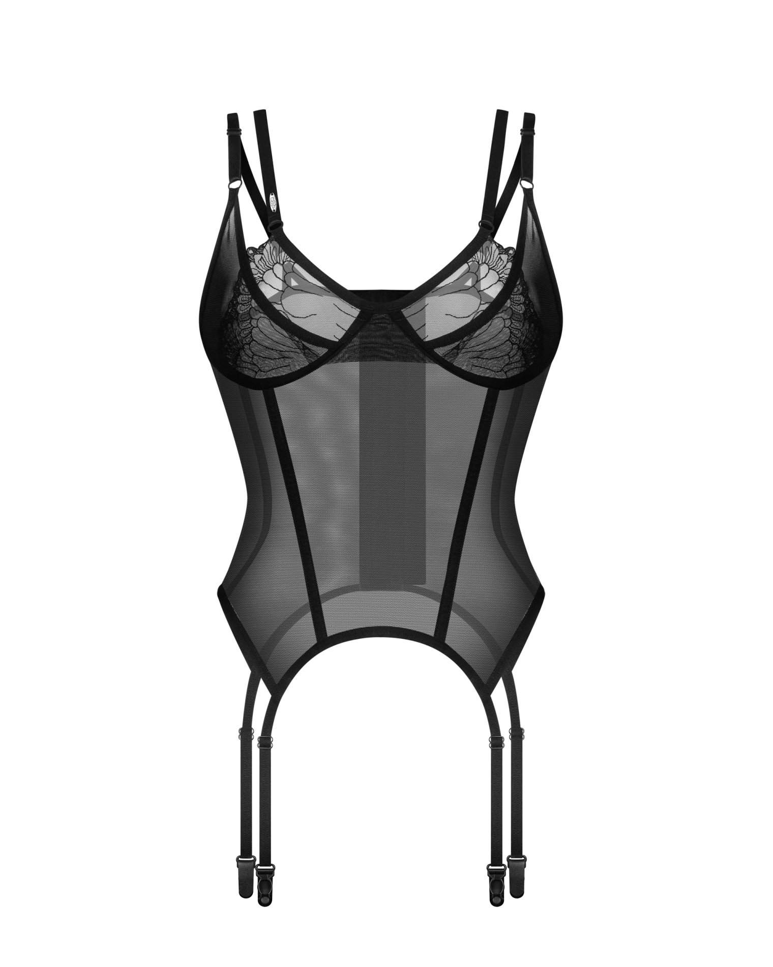 Niesamowicie kobiecy i seksowny gorset z transparentnej tkaniny Obsessive Arrowel Black