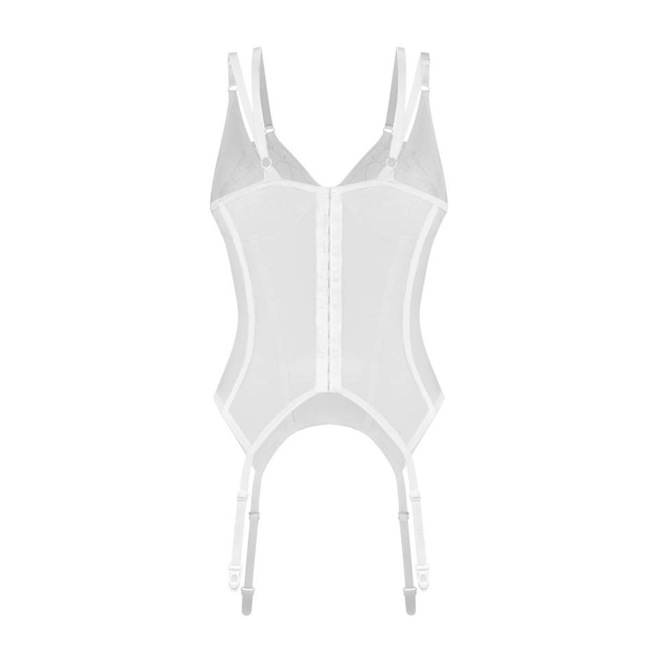 Niesamowicie kobiecy i seksowny gorset z transparentnej tkaniny Obsessive Arrowel White