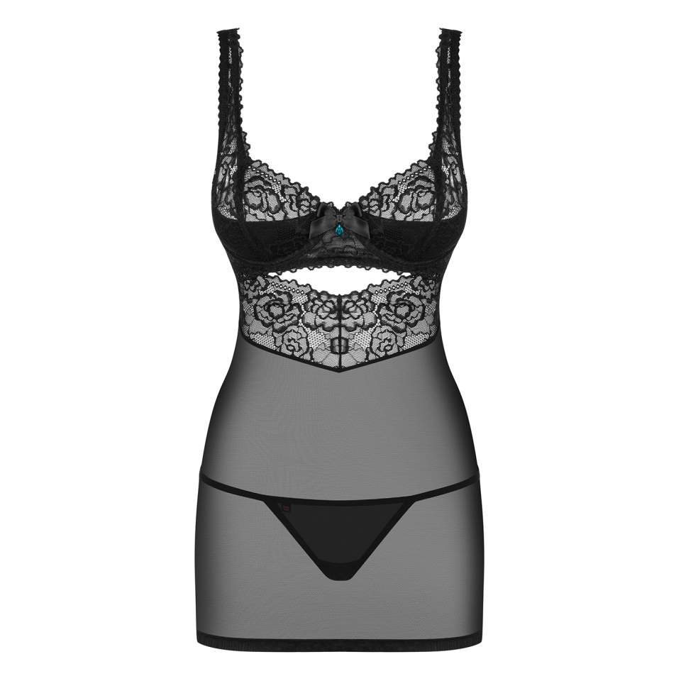 Czarna koszulka Obsessive 867-CHE-1 o bardzo oryginalnym fasonie + stringi