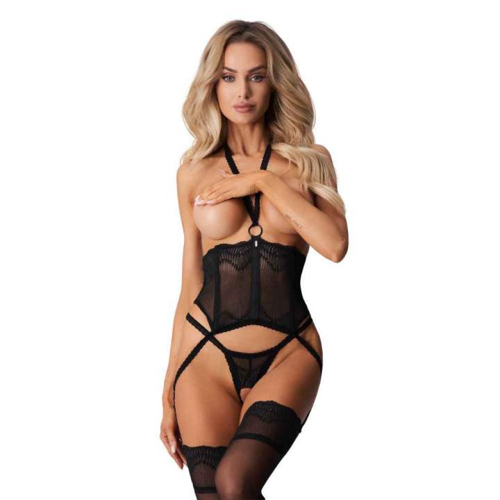 Czarny seksowny gorset z odkrytymi miseczkami + stringi otwarte Obsessive Alliane