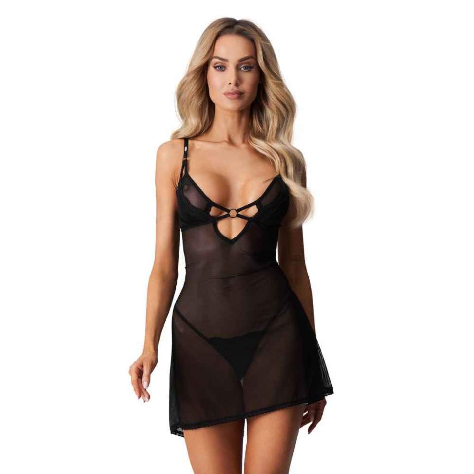 Czarna koszulka z prześwitującej tkaniny + stringi Obsessive Alliane