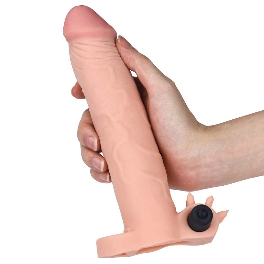 Cielista nakładka realistyczna na penisa z wibracjami - wydłużająca o 7,5 cm i pogrubiająca o 50%