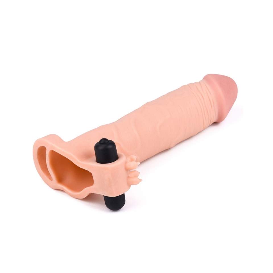 Cielista nakładka realistyczna na penisa z wibracjami - wydłużająca o 7,5 cm i pogrubiająca o 50%