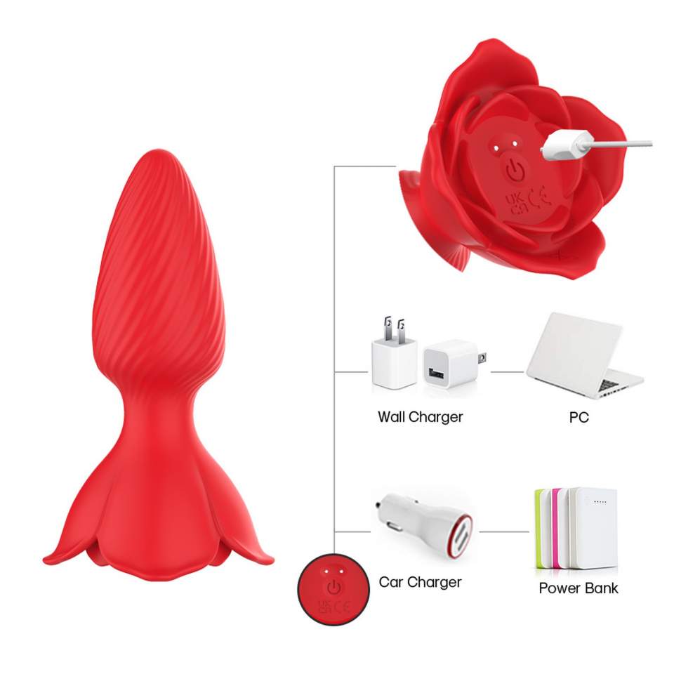 Silikonowy korek analny z wibracjami w kształcie róży, wodoodporny - 9 trybów pracy
