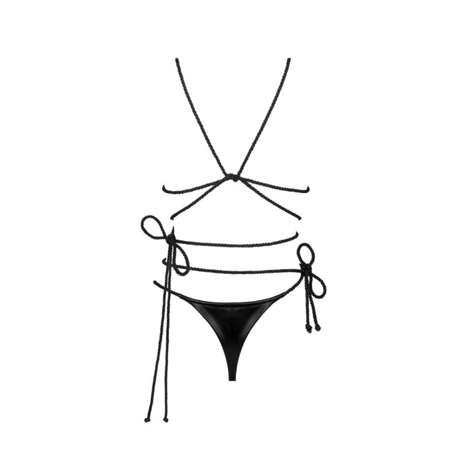 Niezwykle seksowny komplet ze sznureczkami typu wet look Obsessive Cordellis