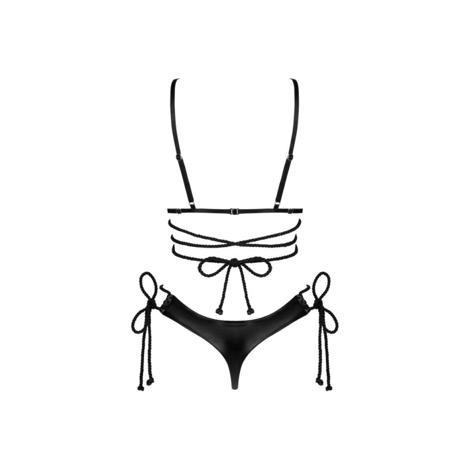 Niezwykle seksowny komplet otwarty ze sznureczkami typu wet look Obsessive Cordellis