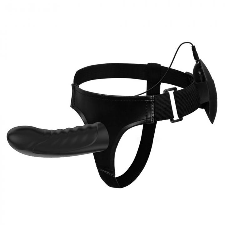 Strap-on regulowany z silikonowym czarnym dildo z wibracjami