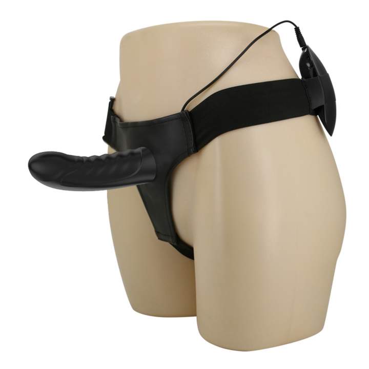 Strap-on regulowany z silikonowym czarnym dildo z wibracjami