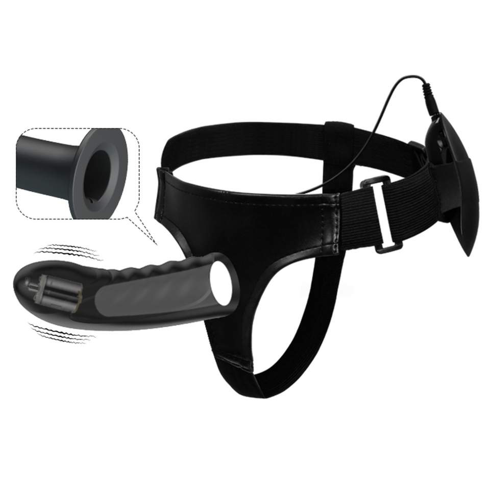 Strap-on regulowany z silikonowym czarnym dildo z wibracjami