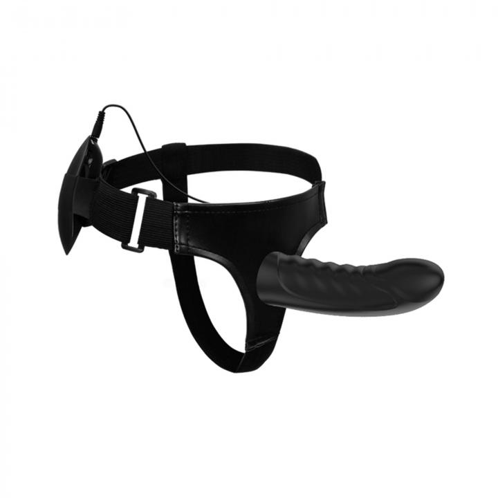 Strap-on regulowany z silikonowym czarnym dildo z wibracjami