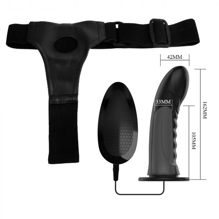 Strap-on regulowany z silikonowym czarnym dildo z wibracjami