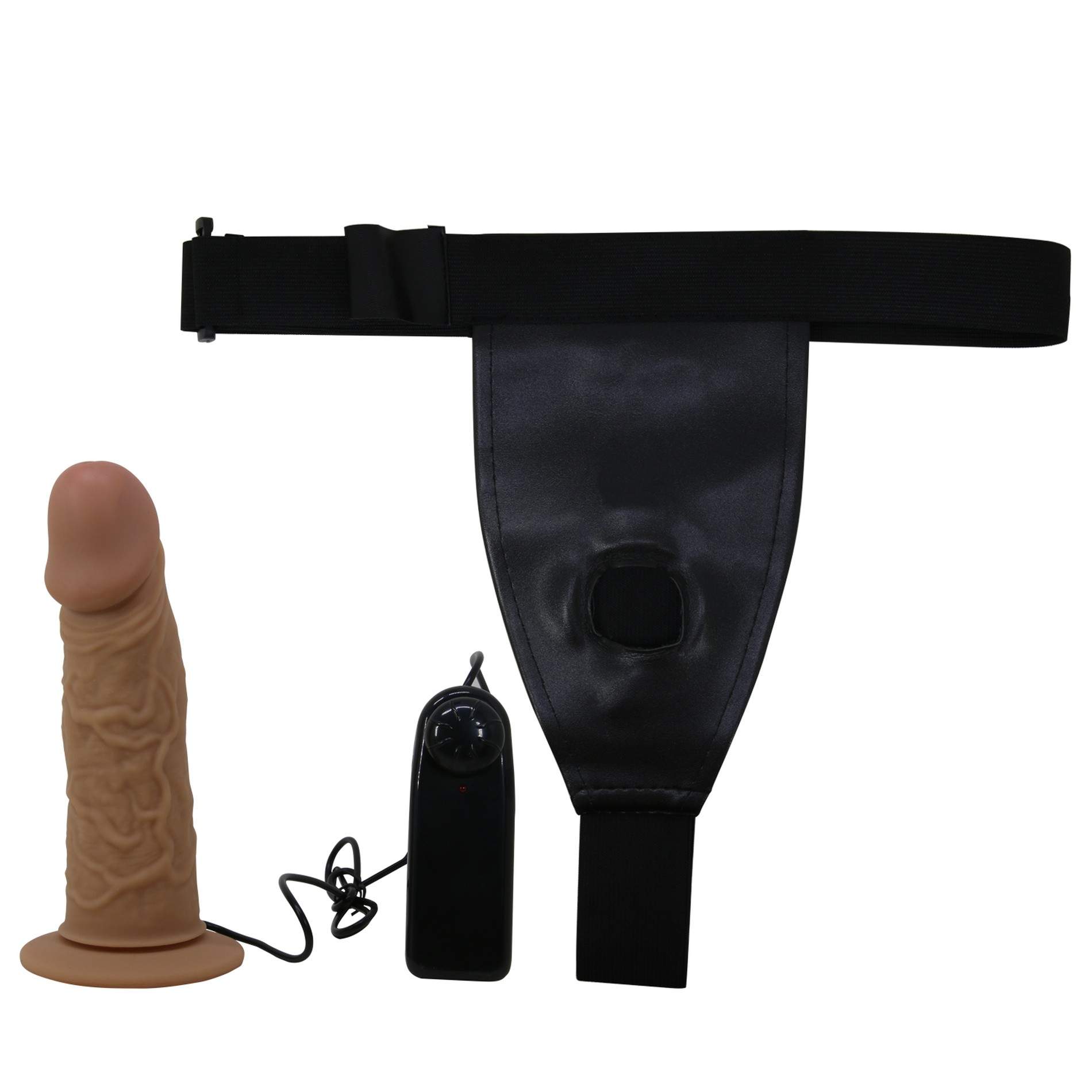 Strap-on regulowany z silikonowym czarnym dildo z wibracjami