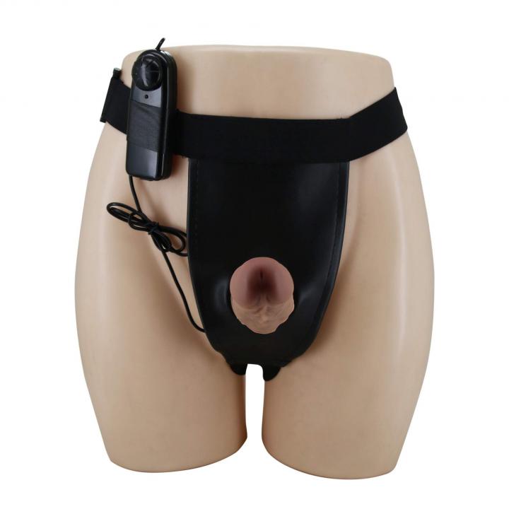 Strap-on regulowany z silikonowym czarnym dildo z wibracjami