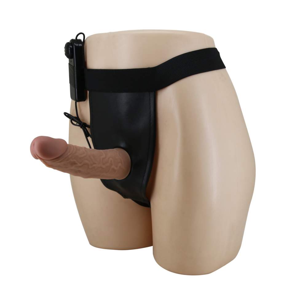 Strap-on regulowany z silikonowym czarnym dildo z wibracjami