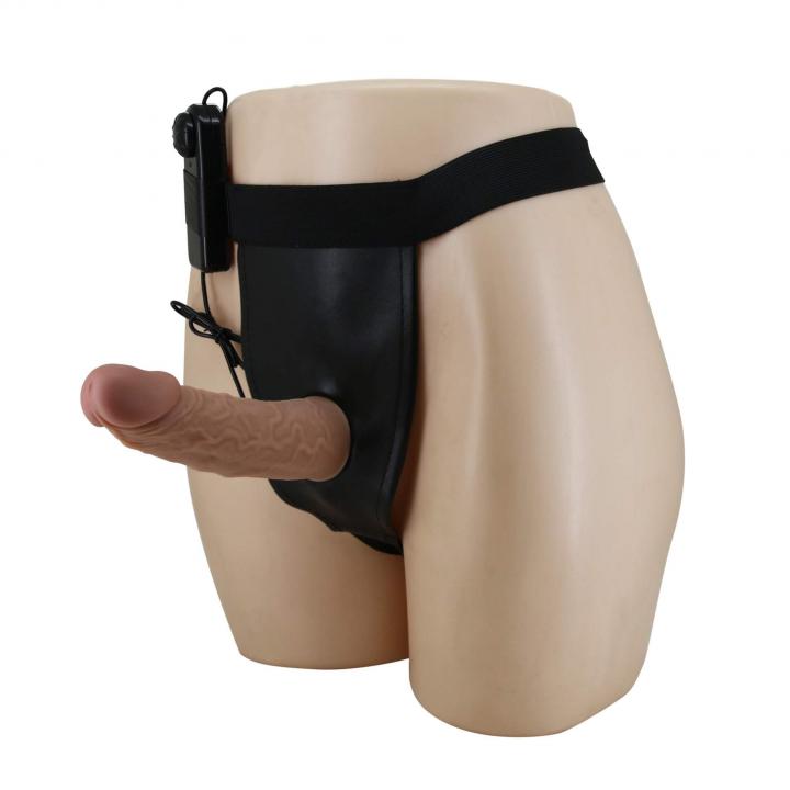 Strap-on regulowany z silikonowym czarnym dildo z wibracjami