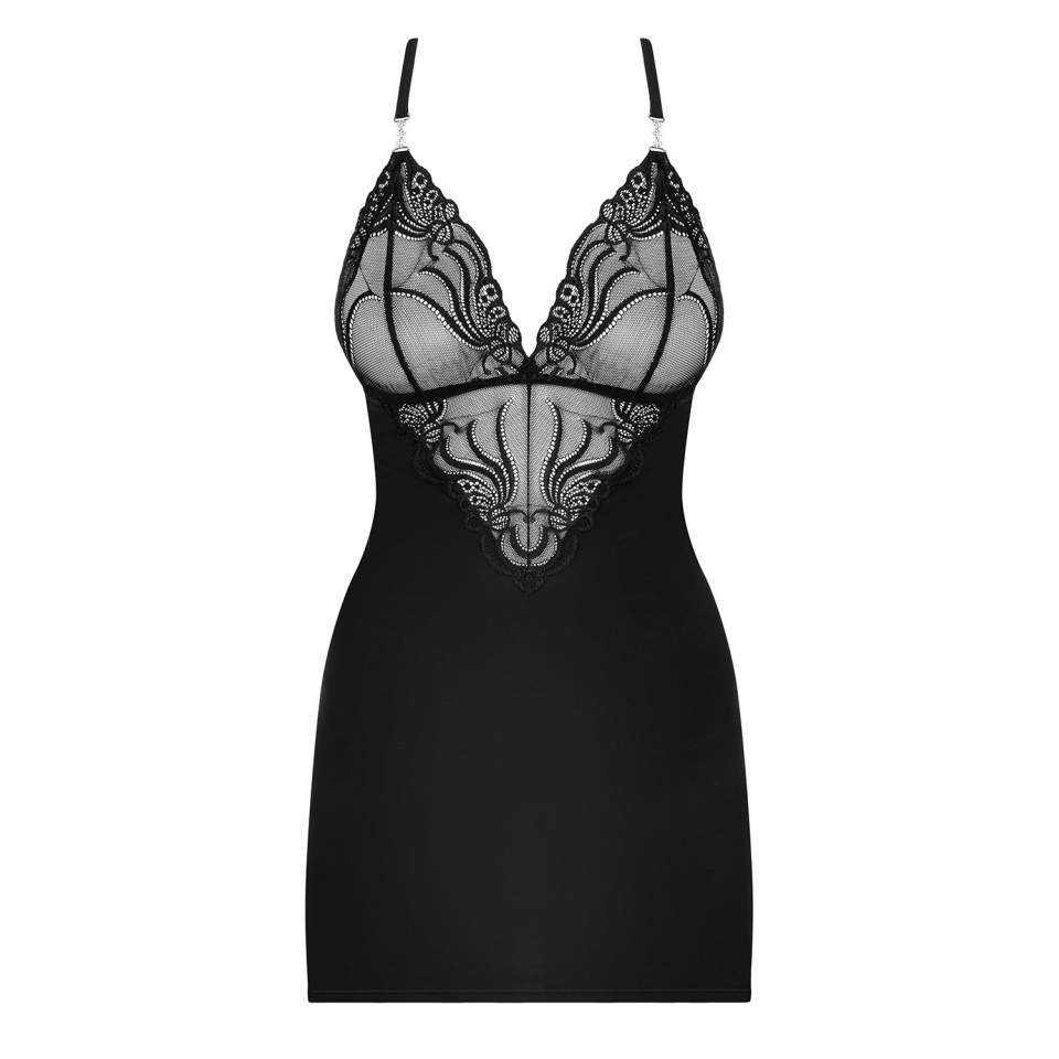 Czarna koszulka nocna Obsessive 828-CHE-1 ze stringami w komplecie