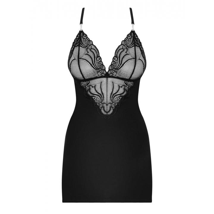 Czarna koszulka nocna Obsessive 828-CHE-1 ze stringami w komplecie