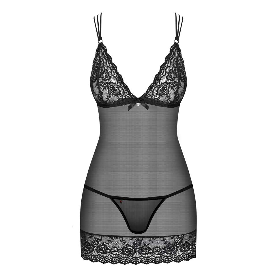 Czarna koszulka nocna Obsessive 854-CHE-1 ze stringi w komplecie