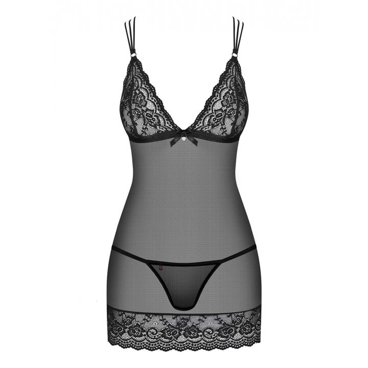 Czarna koszulka nocna Obsessive 854-CHE-1 ze stringi w komplecie