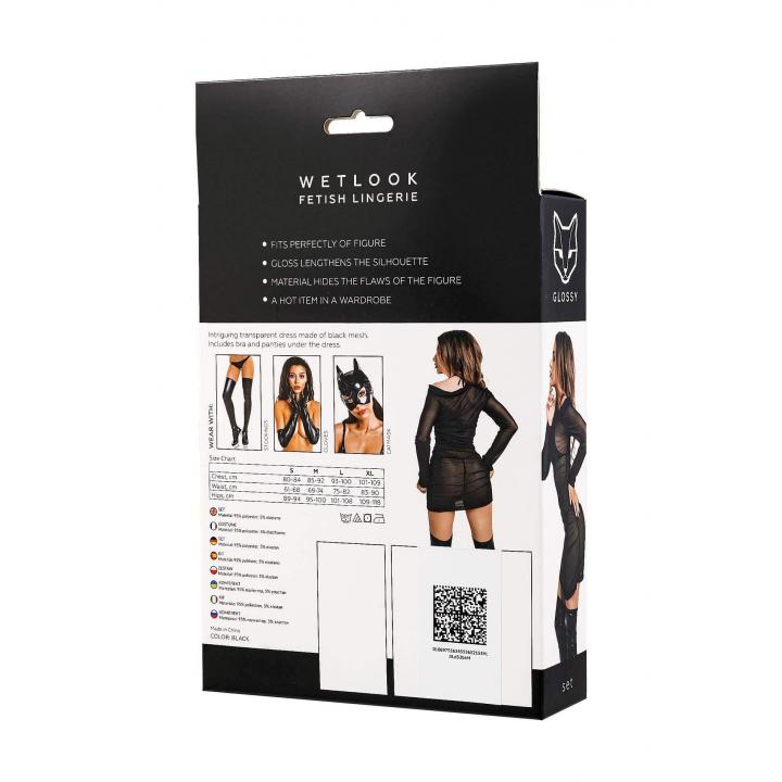 Zmysłowy czarny komplet marki Glossy: sukienka, biustonosz + stringi