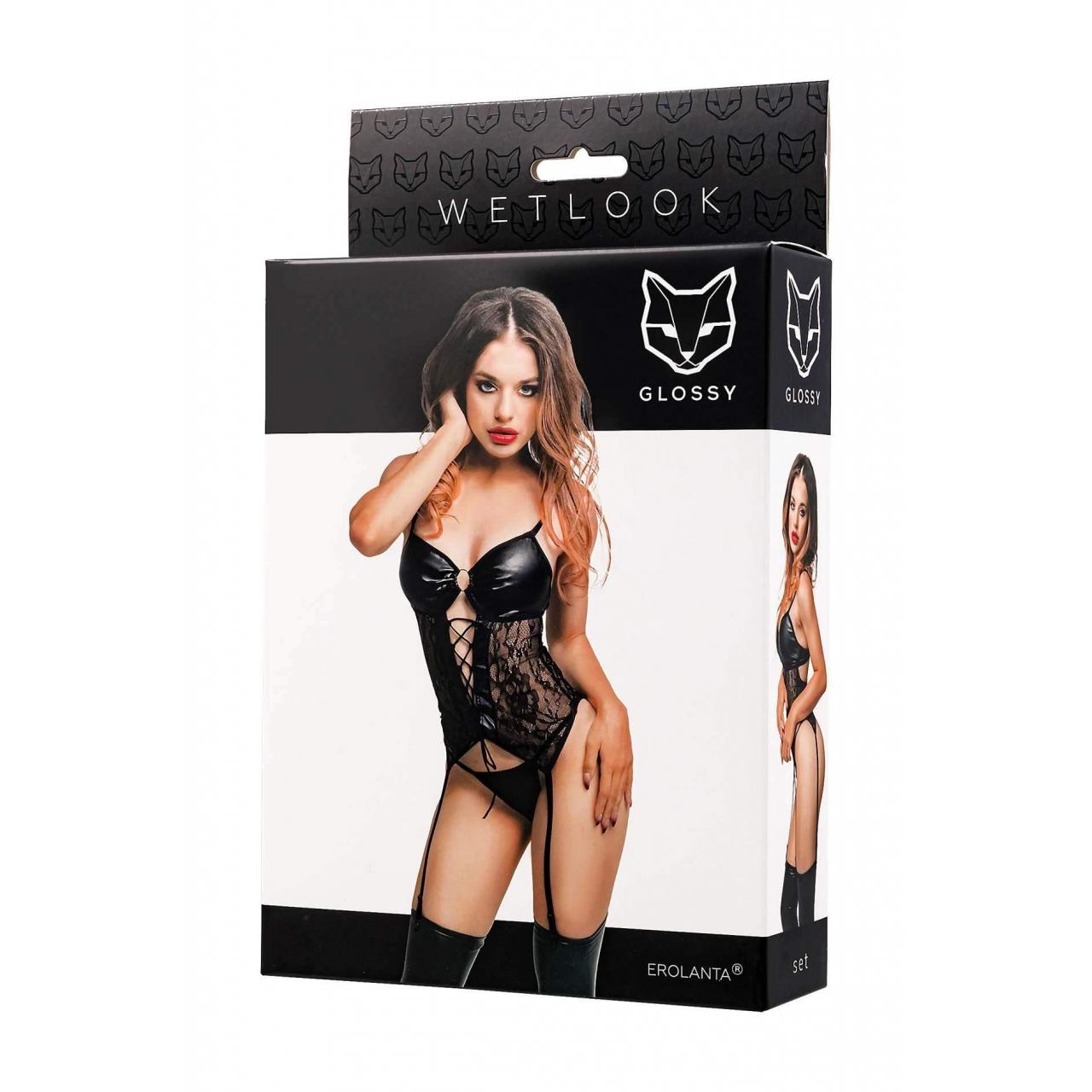 Seksowne czarny komplet wiązany z przodu + stringi marki Glossy