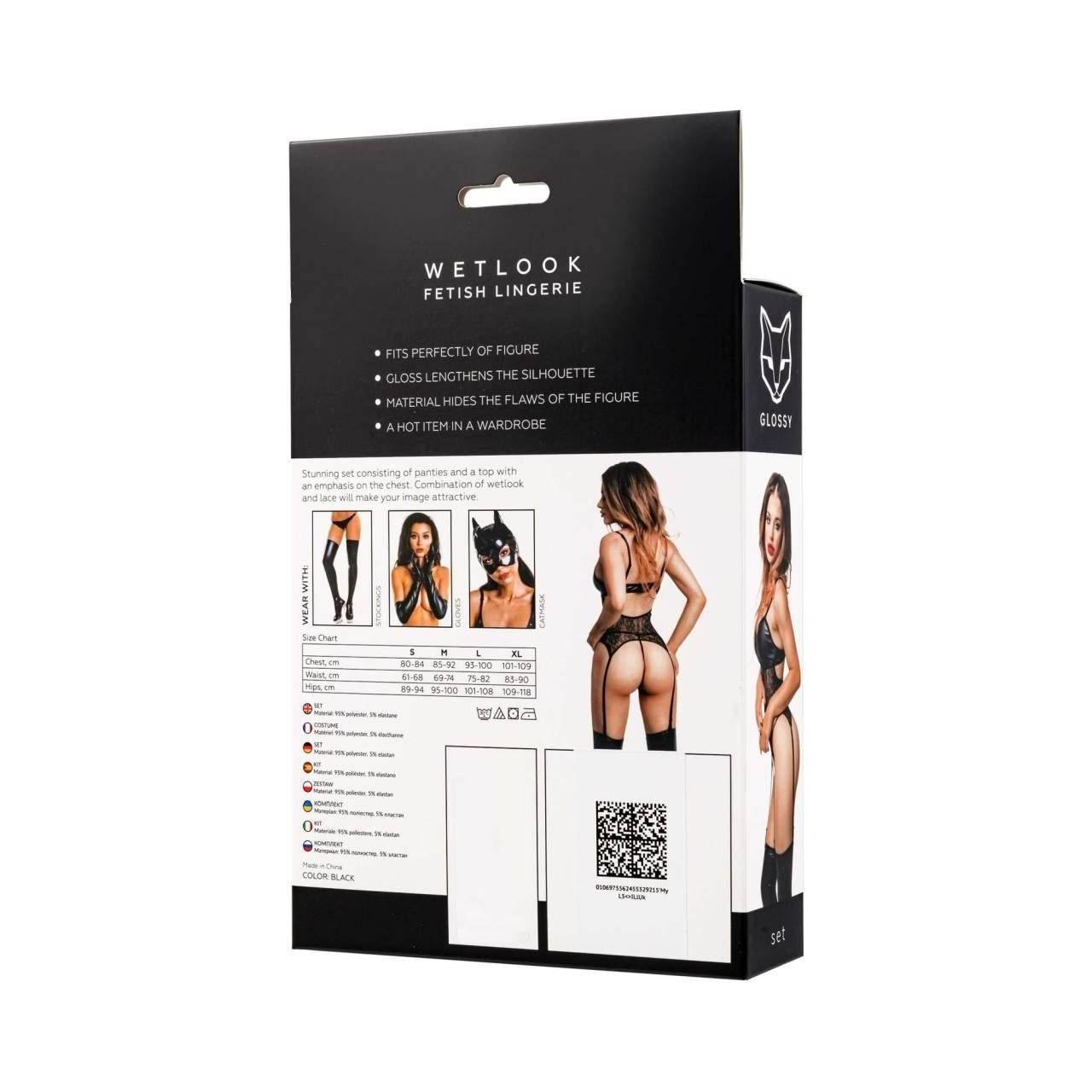 Seksowne czarny komplet wiązany z przodu + stringi marki Glossy