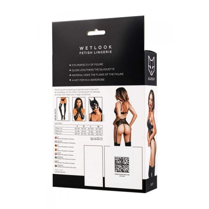 Seksowne czarny komplet wiązany z przodu + stringi marki Glossy