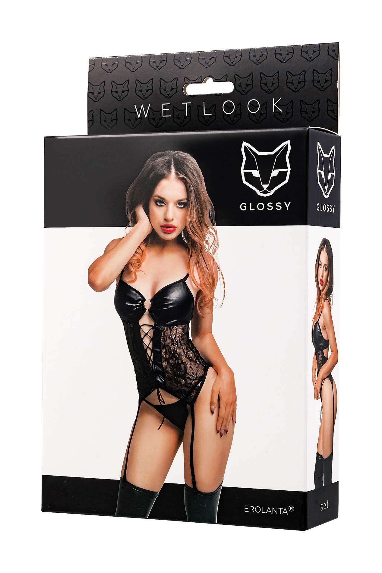 Seksowne czarne body wiązane z przodu + stringi marki Glossy