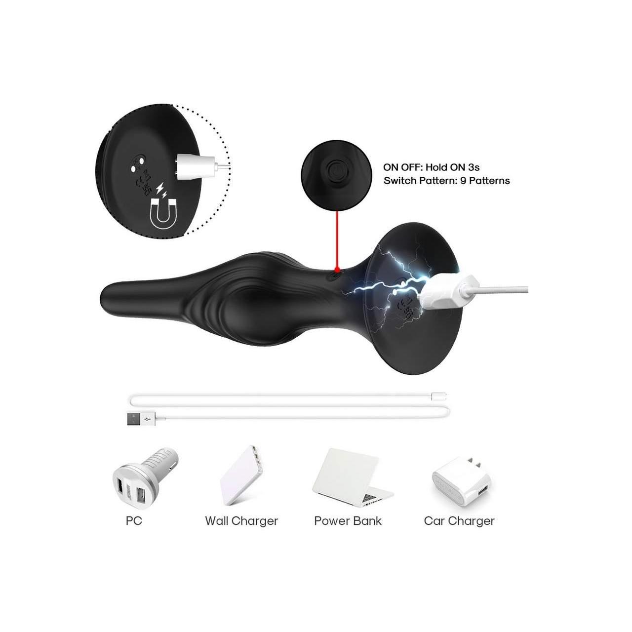 Korek analny silikonowy, wodoodporny z przyssawką - 9 trybów potężnych wibracji