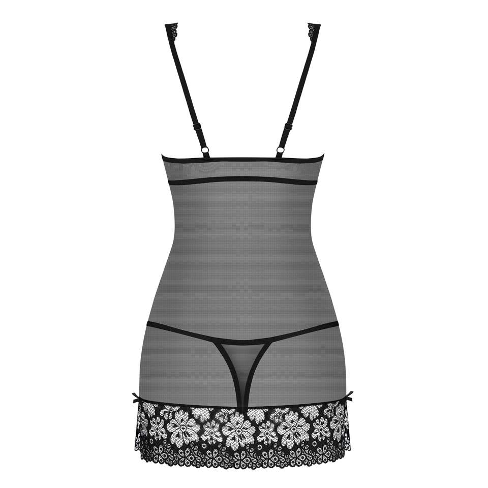 Zmysłowa czarna koszulka Obsessive 856-CHE-1 z kwiatową koronką + stringi