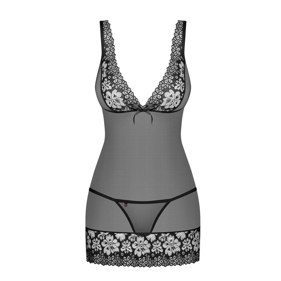 Zmysłowa czarna koszulka Obsessive 856-CHE-1 z kwiatową koronką + stringi