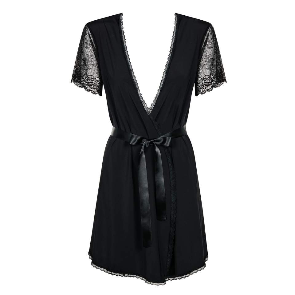 Klasyczny czarny szlafrok Obsessive Miamor ze stringami w komplecie