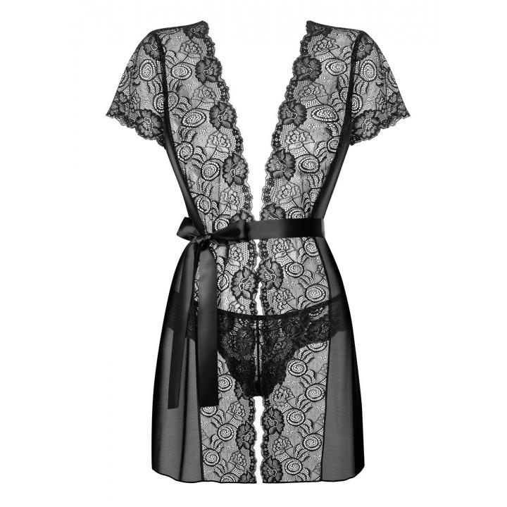 Czarny szlafrok Obsessive Alluria w komplecie ze stringami
