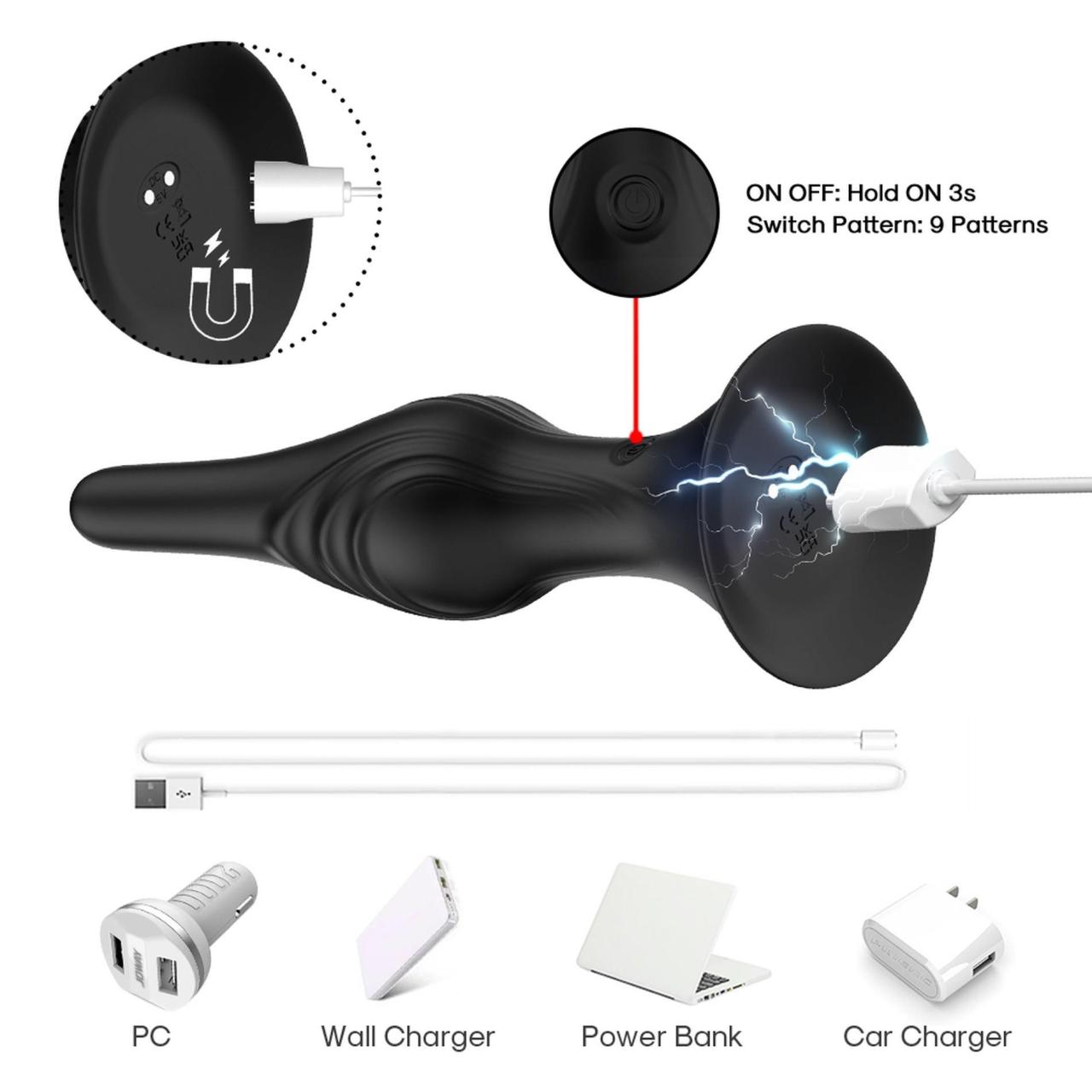 Korek analny silikonowy, wodoodporny z przyssawką - 9 trybów potężnych wibracji