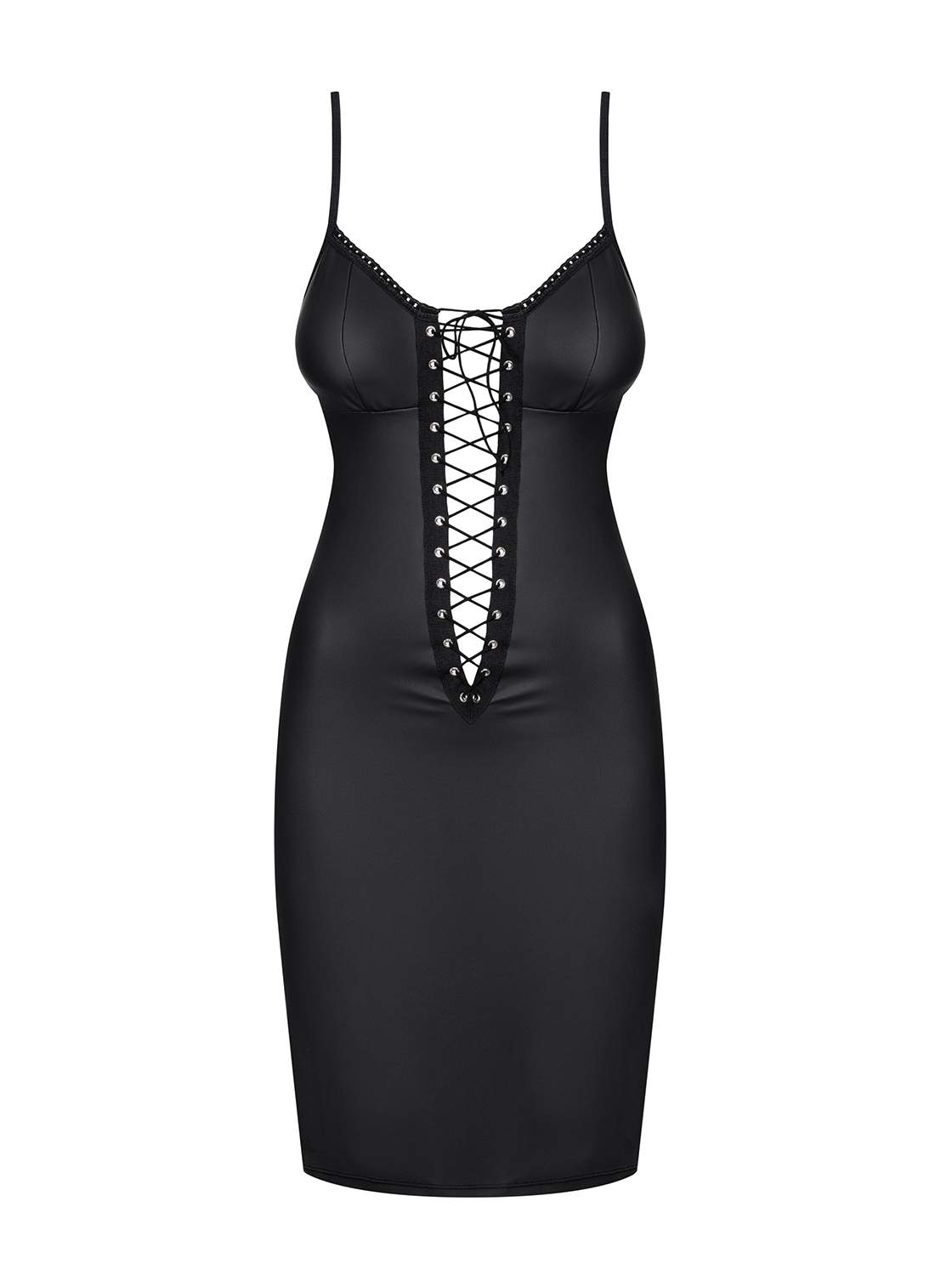 Czarna sukienka Obsessive Redella sznurowana z przodu w komplecie ze stringami