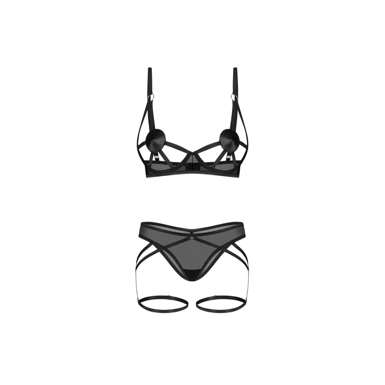 Czarny seksowny komplet: biustonosz i figi z paskami na udach Euridia  Obsessive