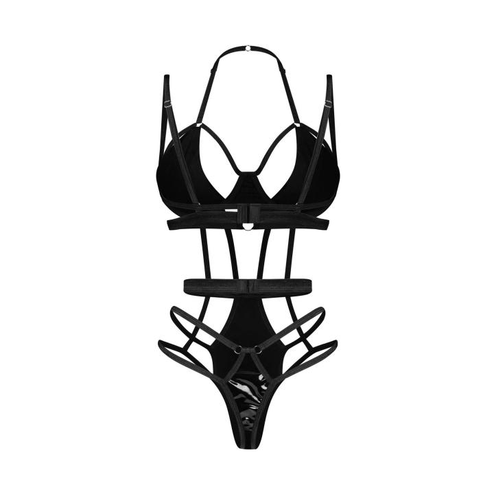 Czarne body z paskami i efektem wet look Keira Lise Obsessive